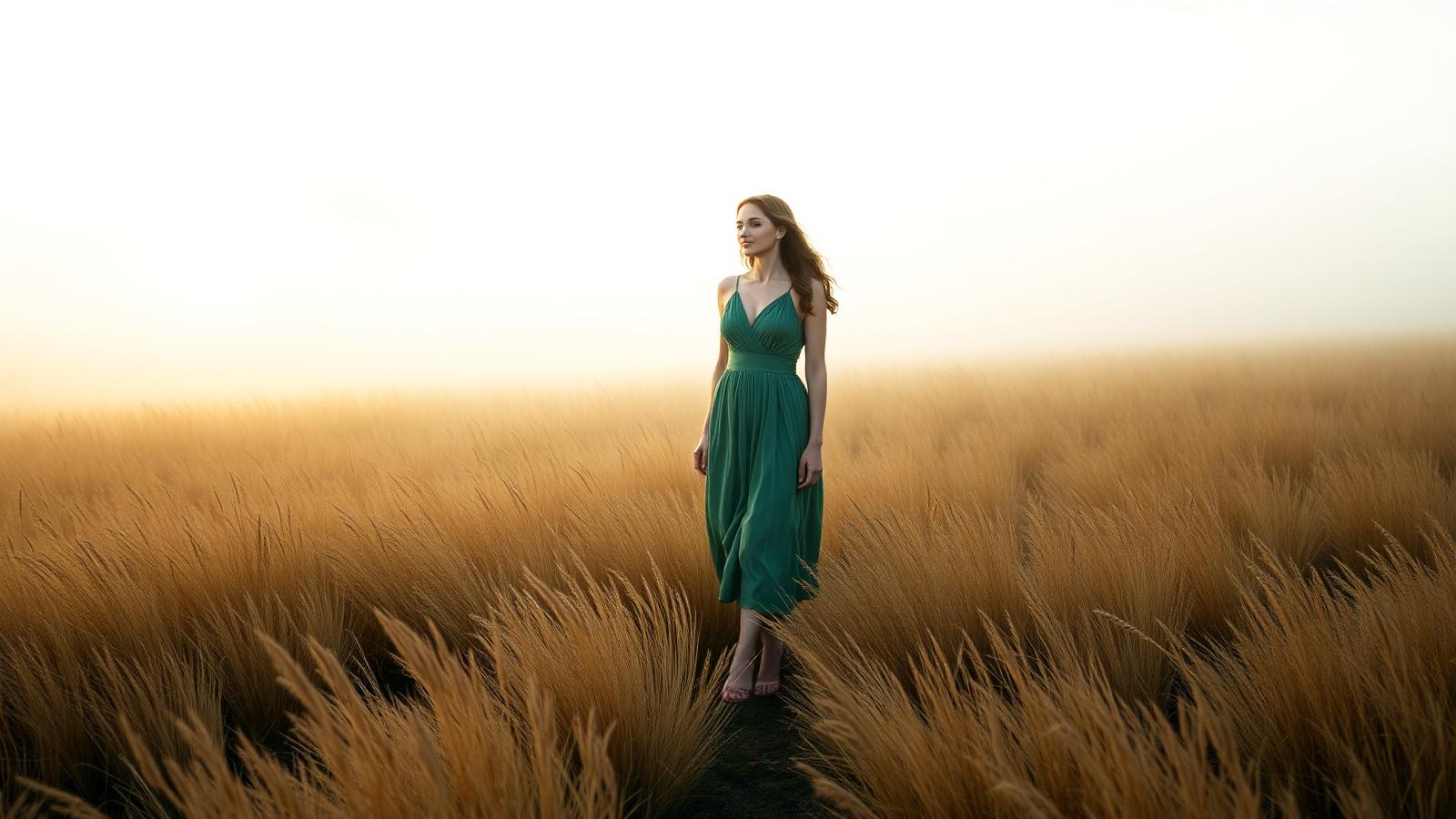 Mulher caminhando em um campo dourado ao amanhecer