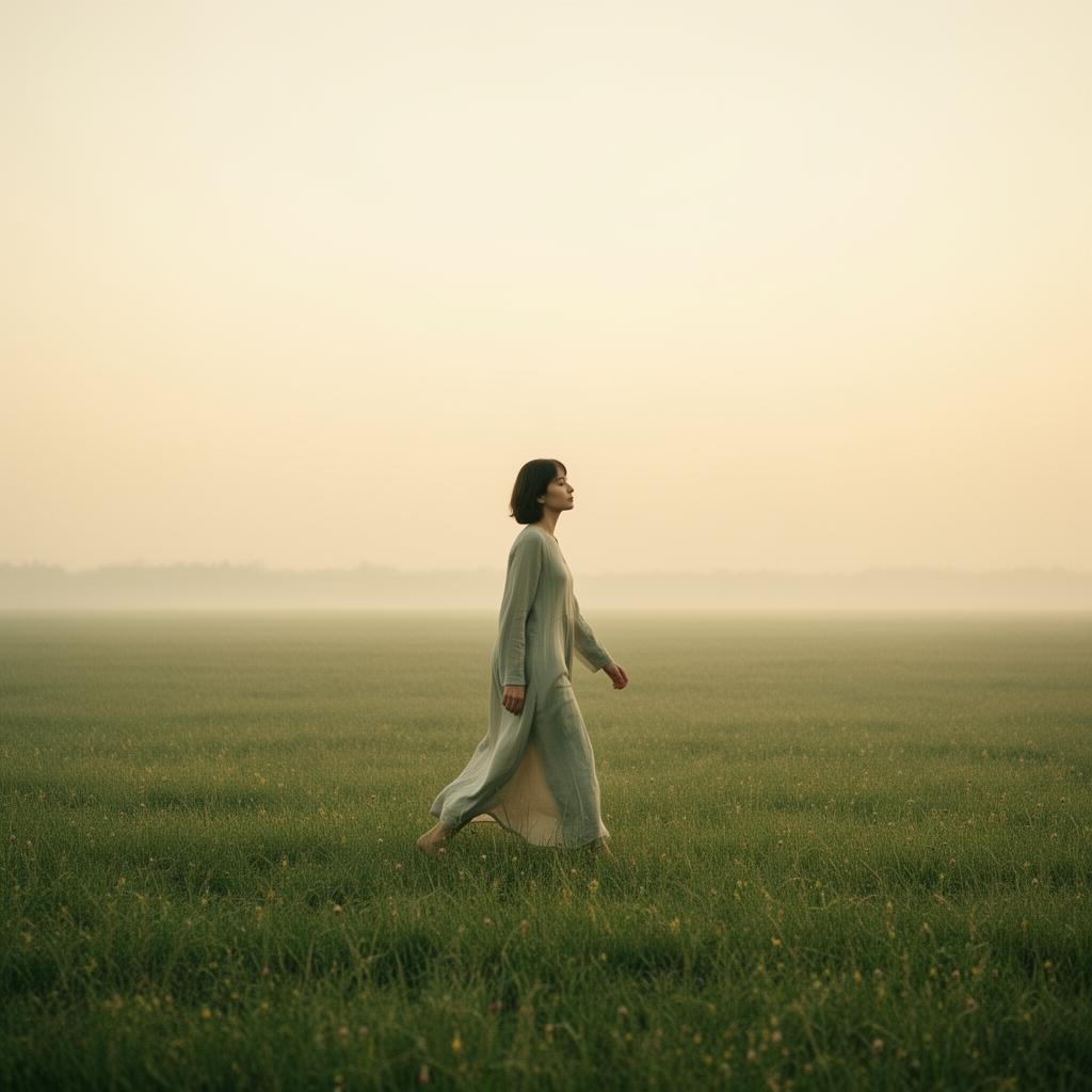 Pessoa caminhando em área verde ao amanhecer